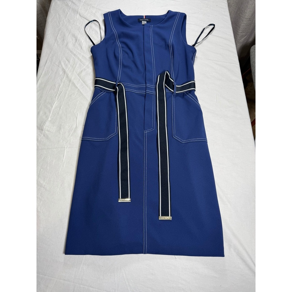 Tommy Hilfiger Sheath Dress Women 4 Blue Good Contrast Stitch Belted Pocket